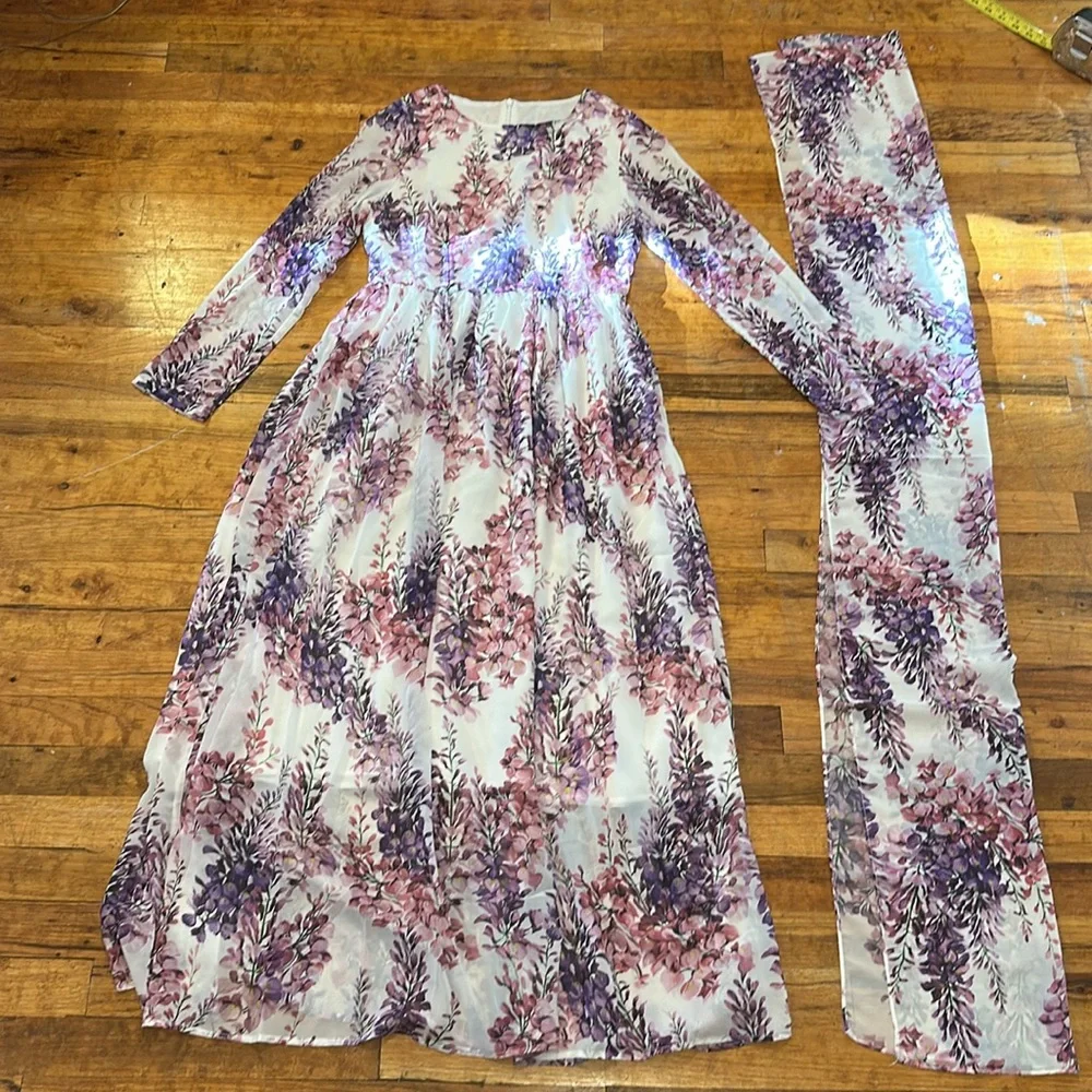 Floral Long Sleeve Maxi Dress & Scarf - Pink and Purple Chiffon - Picture 6 of 14